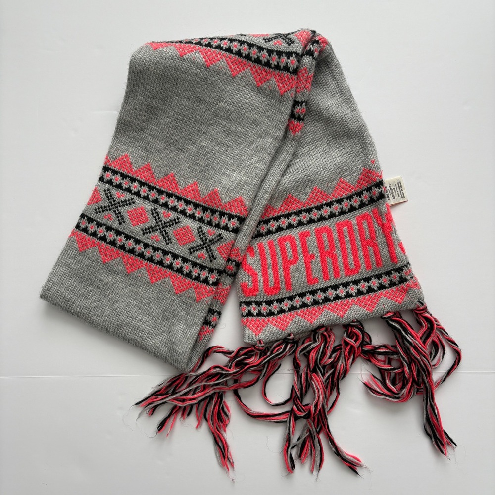 Superdry Grey Pink Fair Isle Knit Scarf Neon Logo Tassel Fringe G90002NR